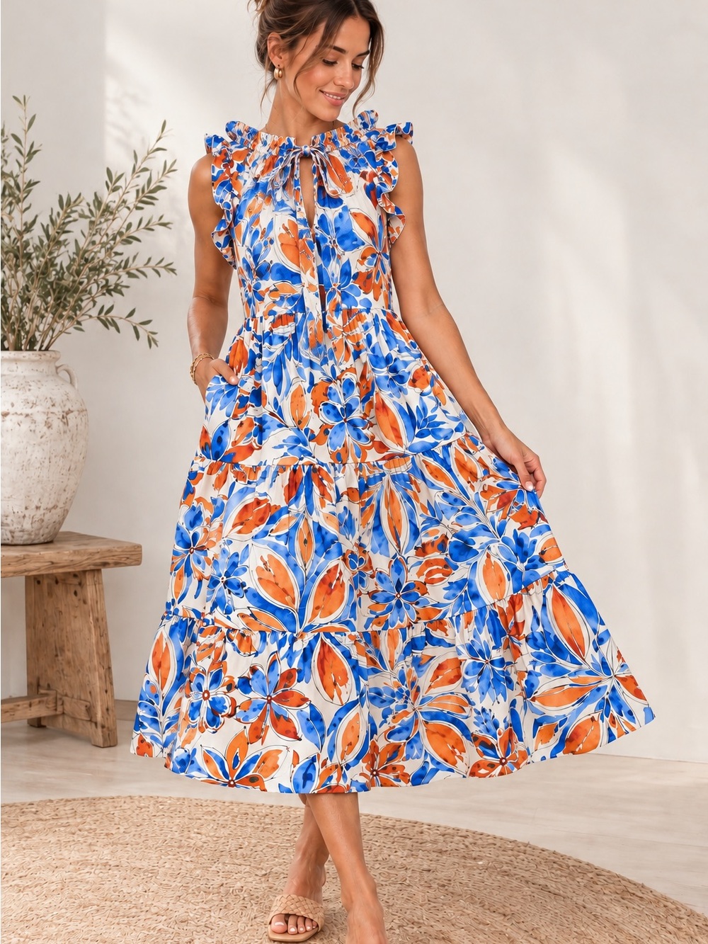 Maggy London Blue Orange Floral Ruffle Midi Dress